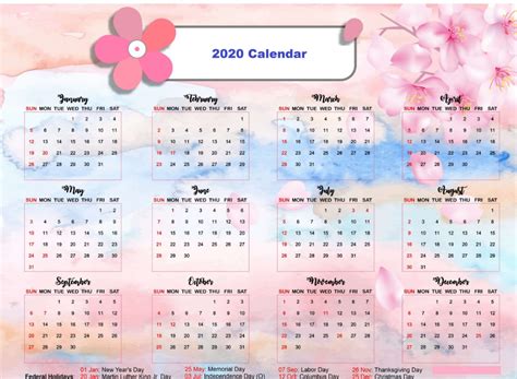 Cute 2020 calendar printable pdf